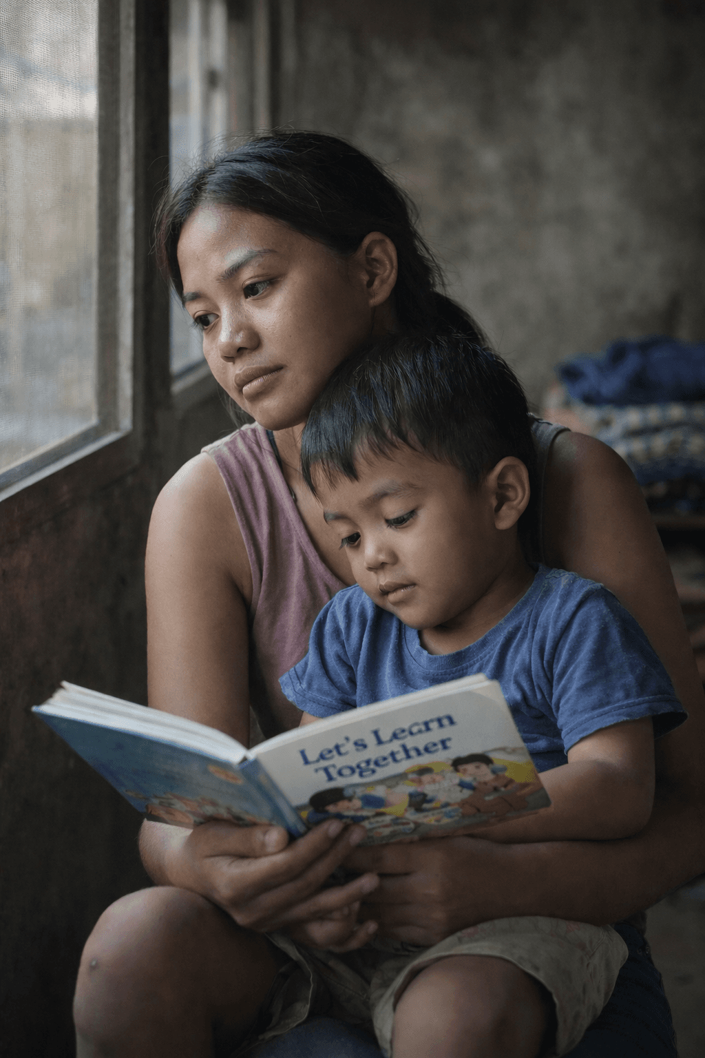 Maria reading with her young son, Roberto